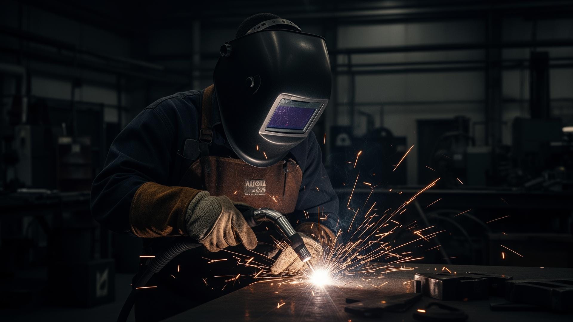 Soldador profissional em ambiente industrial